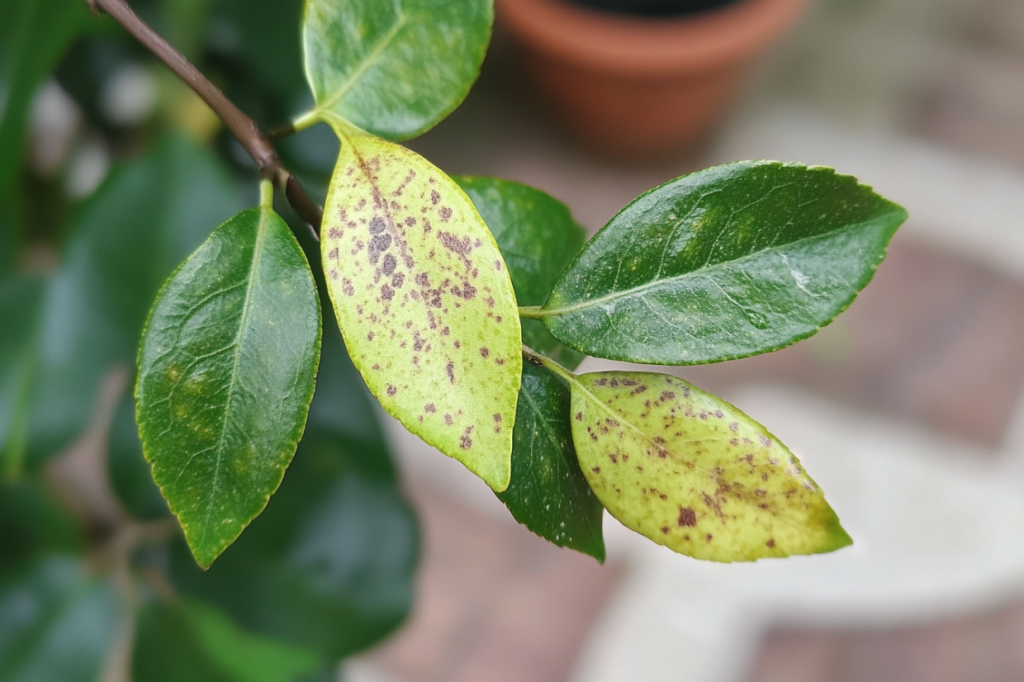 Bruine of zwarte vlekken op de bladeren van een Camelia kan een teken zijn van zonnebrand of de bladvlekkenziekte.